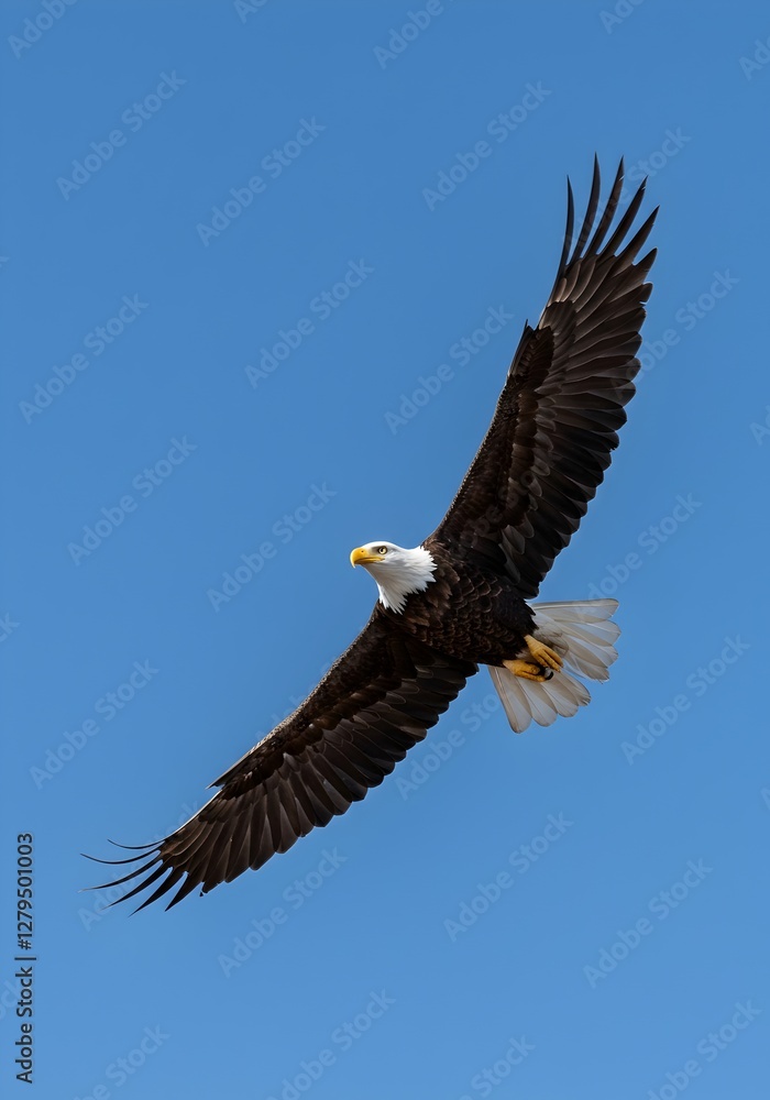 A majestic bald eagle glides over the Grand Canyon, its wide wings cutting through the air. With piercing eyes locked on the ground, its talons are ready to strike at any moment A majestic bald eagle glides over the Grand Canyon, its wide wings cutting through the air. With piercing eyes locked on the ground, its talons are ready to strike at any moment