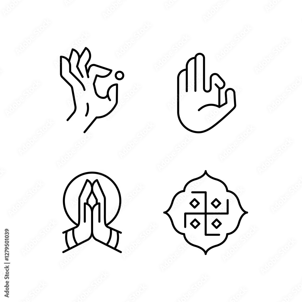 Buddhism icons. Set of 4 Buddhism-themed trendy minimal icons. Buddha, Lotus, Mala Beads icon. Design signs for web page, mobile app, packaging design. Vector illustration Buddhism icons. Set of 4 Buddhism-themed trendy minimal icons. Buddha, Lotus, Mala Beads icon. Design signs for web page, mobile app, packaging design. Vector illustration