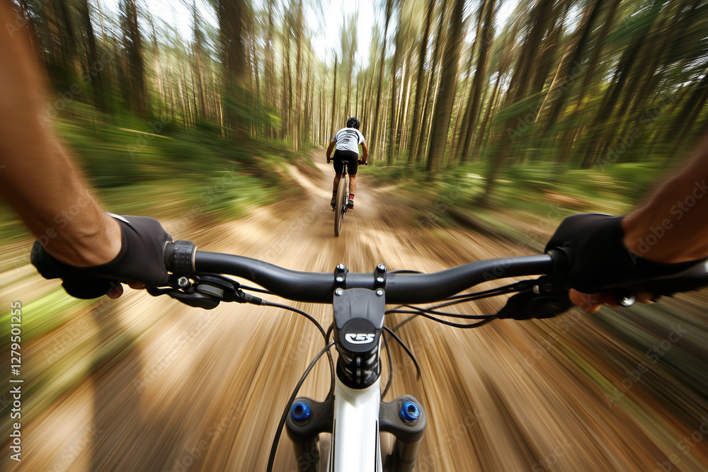 POV view of mountain biking along a forest trail POV view of mountain biking along a forest trail