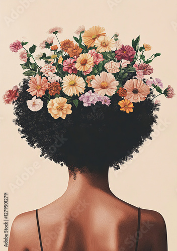 illustration of a back view of a black woman, the woman has an afro, the afro is full of flowers, the flowers are all over the afro, crayon style illustration, negative space, beige background, minima