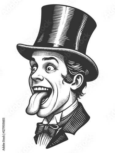 Silly stupid facial expression gentleman with curled mustache and top hat sticking out his tongue sketch engraving generative ai vector illustration. Scratch board imitation. Black and white image.