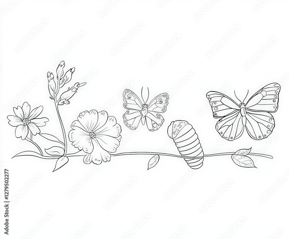 Fototapeta premium A scene showing the life cycle of a butterfly, coloring page for kids, simple outline illustration. Coloring book.