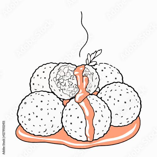 Italian Arancini Crispy Rice Balls with Marinara Sauce A Crunchy and Cheesy Appetizer Black Outline Vector
