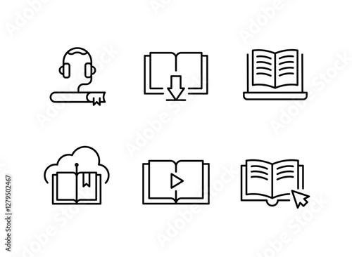 E-learning icons. Set of 6 trendy minimal icons representing various aspects of online education and digital learning. Laptop and books, graduation cap, online classroom icon. Vector illustration.