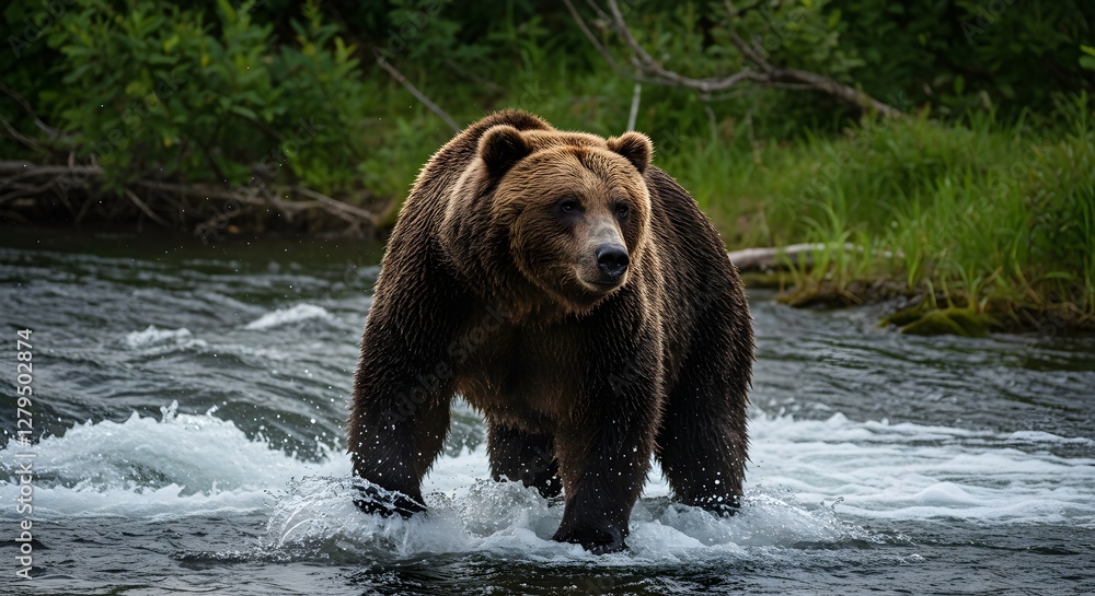 A powerful grizzly bear stands by a rushing river, its thick brown fur shimmering in the golden afternoon light. Water splashes around as the bear surveys its wild surroundings A powerful grizzly bear stands by a rushing river, its thick brown fur shimmering in the golden afternoon light. Water splashes around as the bear surveys its wild surroundings