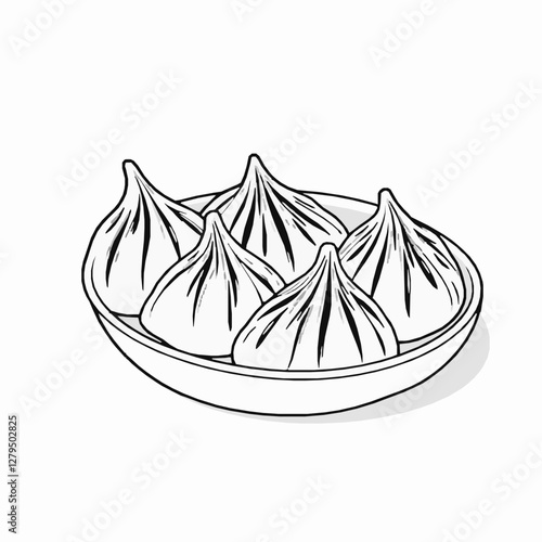 Nepalese Momo Steamed Dumplings with Spiced Filling A Soft and Juicy Snack Black Outline Vector Illustration