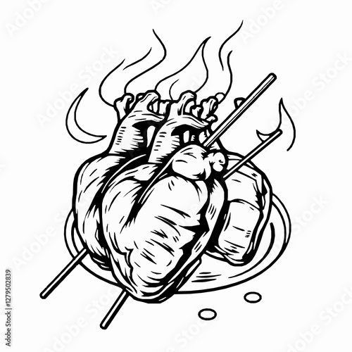 Peruvian Anticuchos Grilled Beef Heart Skewers A Smoky and Spicy Dish Black Outline Vector Illustration