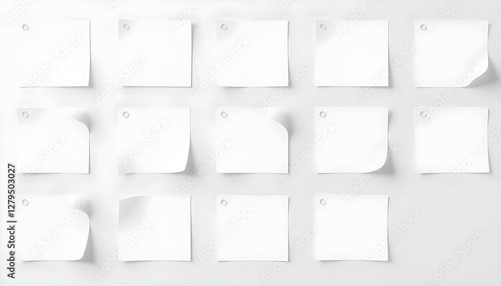 Grid of blank white sticky notes pinned to a white wall with curled edges Grid of blank white sticky notes pinned to a white wall with curled edges