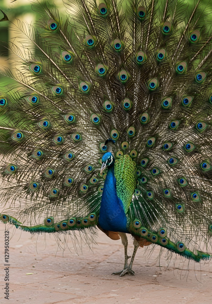 Obraz premium An elegant Indian peacock fans out its iridescent tail in a majestic palace garden. Its vivid blue and green plumage shimmers in the sunlight, revealing breathtaking eye-like patterns