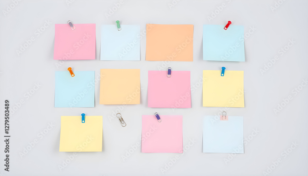 Colorful square sticky notes clipped to a wall for reminders and organization Colorful square sticky notes clipped to a wall for reminders and organization