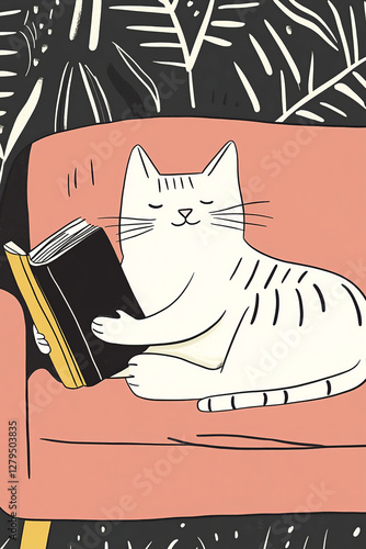 A white groomed cat is lying on a sofa, holding a book. Unconventional character design, hand-drawn animation style, graffiti inspired simple, minimalist details. photo