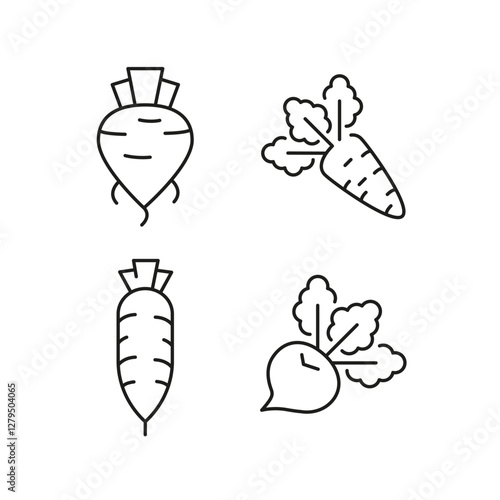 Vegetable icons. Set of 4 vegetable trendy minimal icons. Example: Carrot, Pepper icon. Design signs for web page, mobile app, packaging design. Vector illustration