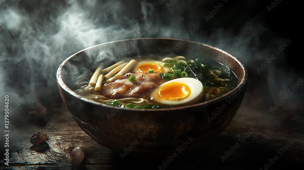 Steaming Bowl of Ramen with Egg and Pork Belly for Dinner Steaming Bowl of Ramen with Egg and Pork Belly for Dinner