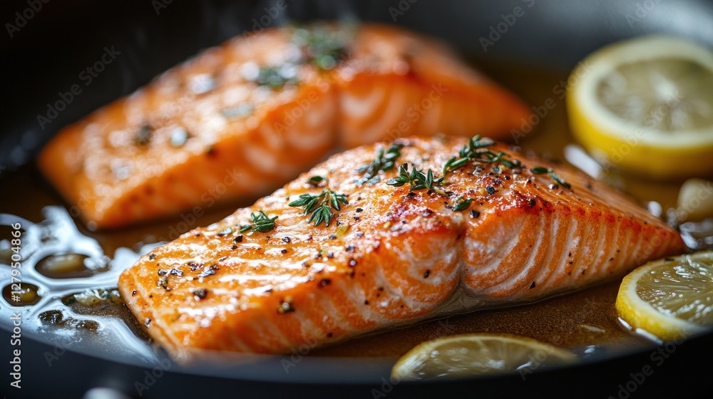 Pan-seared salmon fillets with lemon and herbs in a hot pan Pan-seared salmon fillets with lemon and herbs in a hot pan