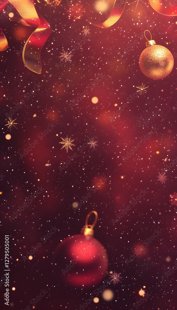 Fototapeta premium Festive red and gold Christmas decorations with falling snowflakes