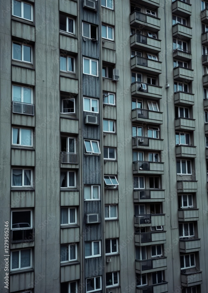Photo of a tall, rectangular apartment building with a grid of windows, taken from a low angle. The building has a gray, industrial appearance with a few air conditioning units on the balconies. The w Photo of a tall, rectangular apartment building with a grid of windows, taken from a low angle. The building has a gray, industrial appearance with a few air conditioning units on the balconies. The w