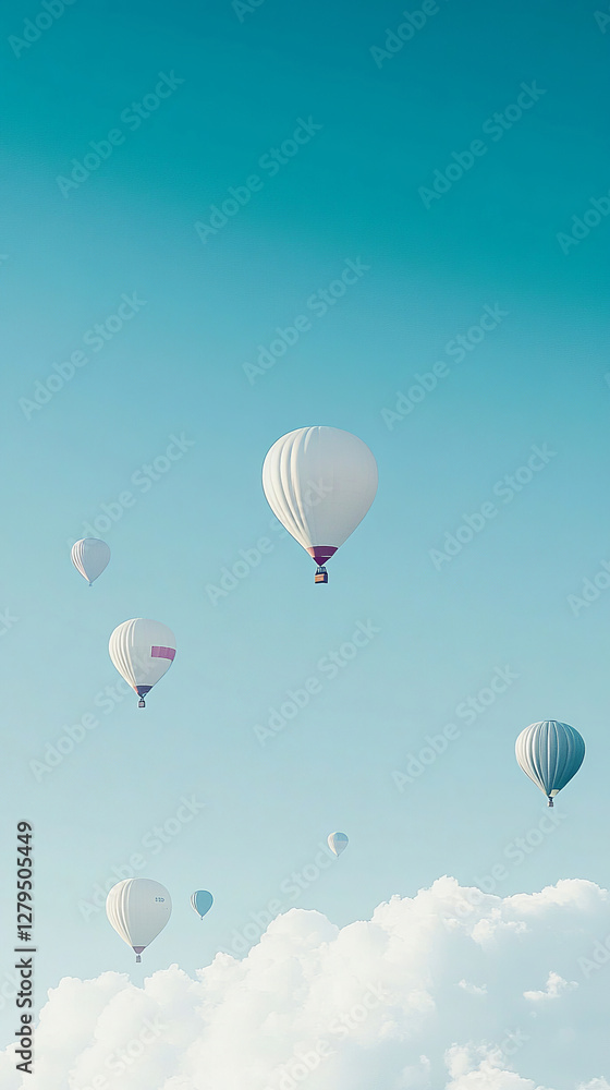 A clear blue sky with hot air balloons floating in the distance, minimalist style, white and gray colors, clean background, high-resolution photography, natural light, professional color grading, soft A clear blue sky with hot air balloons floating in the distance, minimalist style, white and gray colors, clean background, high-resolution photography, natural light, professional color grading, soft