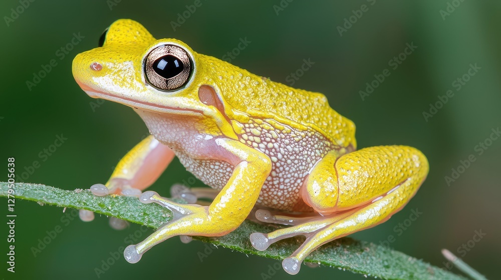 Obraz premium Yellow frog perched on leaf, green background, nature photography, wildlife