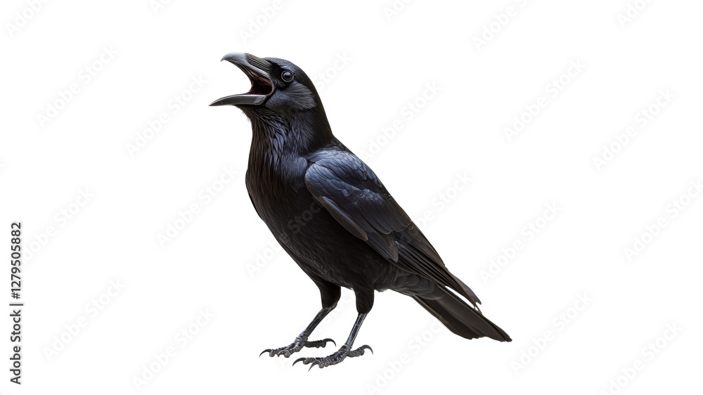 Black raven calling loudly in a bright setting Black raven calling loudly in a bright setting