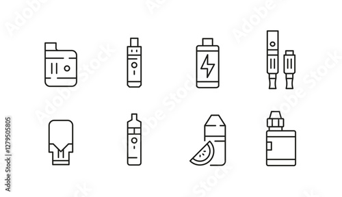 Vaping icons. Set of 8 vaping trendy minimal icons. Hand holding vape, vape pen, e-liquid bottle and person vaping icon. Design signs for web page, mobile app, packaging design. Vector illustration
