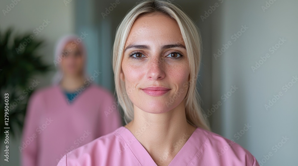Confident female nurse, hospital corridor, colleague blurred, healthcare Confident female nurse, hospital corridor, colleague blurred, healthcare