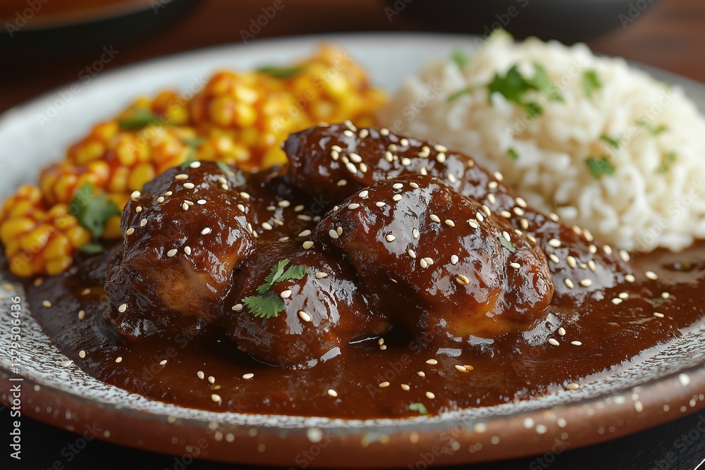 Tender chicken with rich mole sauce, sesame seeds, and warm tortillas Tender chicken with rich mole sauce, sesame seeds, and warm tortillas
