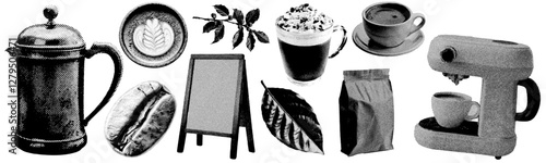 Set of coffee shop halftone grunge vector design elements