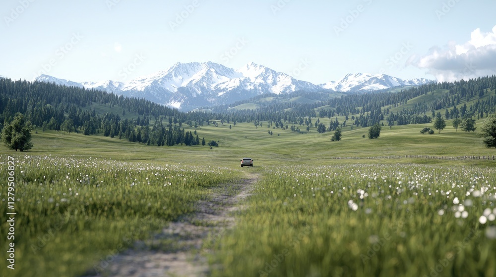 Fototapeta premium Car on mountain meadow road, scenic view, travel