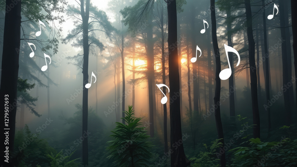 Obraz premium Sunlight filters through a misty forest with musical notes enhancing the atmosphere. Generative AI