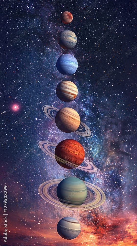 Naklejka premium A solar system with eight planets centered around the sun, set against a backdrop of empty space in the background