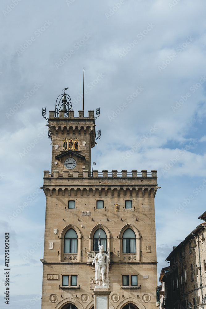the tower of the townhall with statue of woman victory in san marino city main square the tower of the townhall with statue of woman victory in san marino city main square