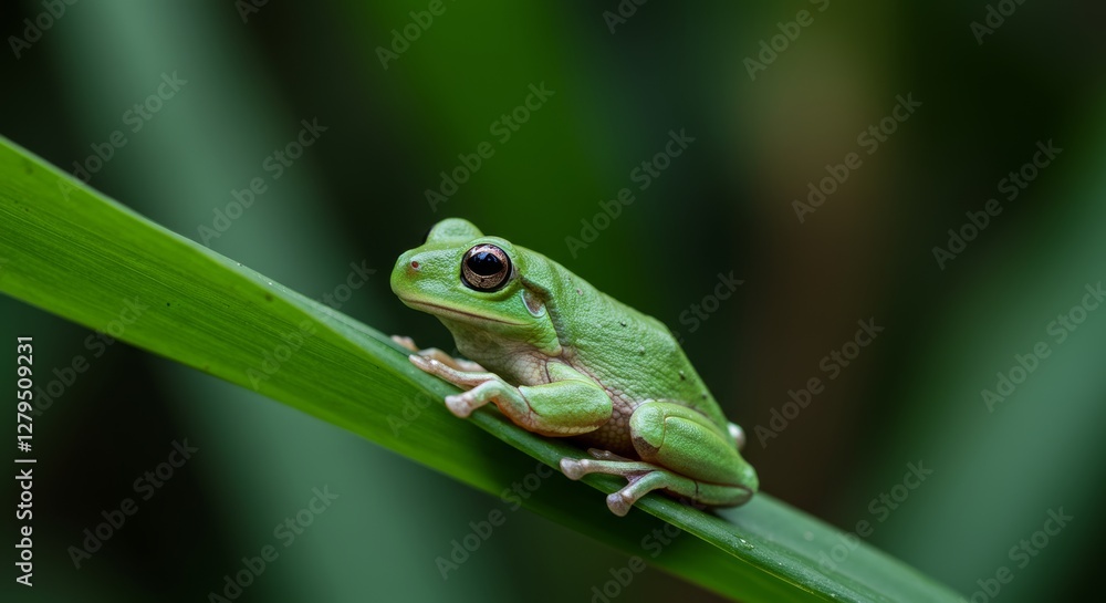 Vibrant Green Tree Frog Perched on Lush Leaf in Detailed Macro Shot Vibrant Green Tree Frog Perched on Lush Leaf in Detailed Macro Shot