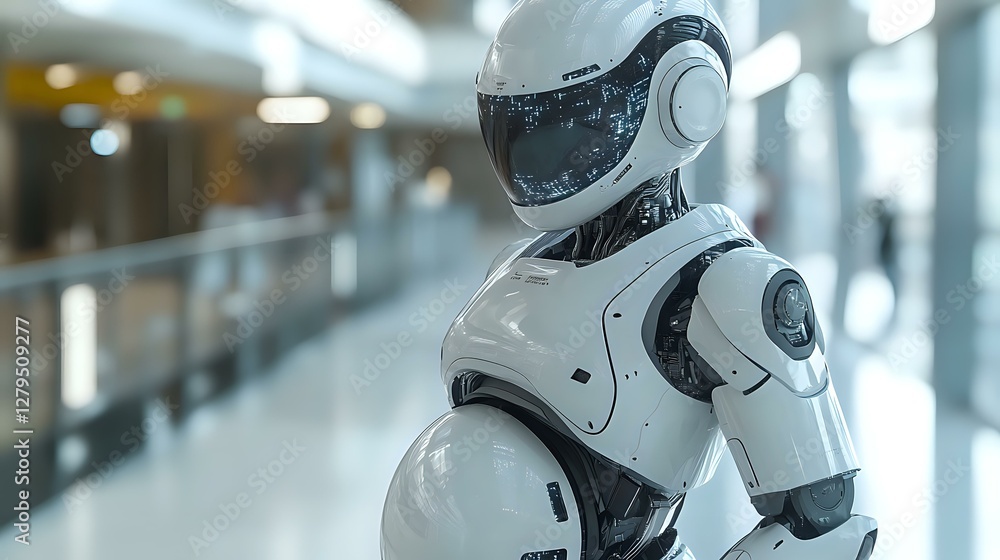 Futuristic white humanoid robot with sleek design standing in modern corridor with bokeh lights, representing artificial intelligence and automation technology. Futuristic white humanoid robot with sleek design standing in modern corridor with bokeh lights, representing artificial intelligence and automation technology.