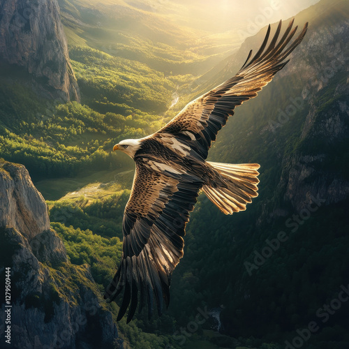 Wallpaper Mural Eagle soaring over a deep green valley, powerful wings spread wide, golden sunlight illuminating feathers, cinematic wildlife portrait, ultra-HD textures, breathtaking 8K clarity  Torontodigital.ca