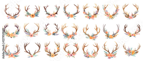 Watercolor deer antlers. Cervid horns with flowers for card design, floral decorative reindeer ears and antler set vector illustration