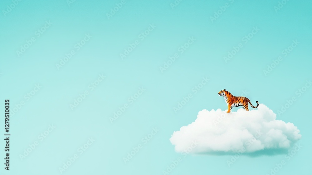 Fototapeta premium Tiger on cloud, blue sky, single eye on cloud top