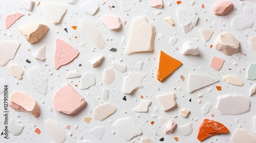 Chipped terrazzo surface with exaggerated stone fragments, providing a contemporary 3D effect with delicate shadows and empty space for text placement.