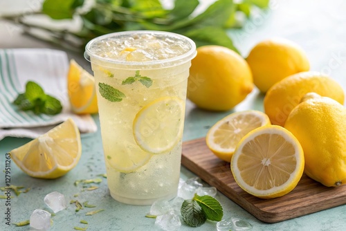 Refreshing lemonade in a clear plastic cup with lemon slices and mint
