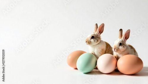 Easter composition with five pastel-colored eggs with two rabbits on white backgroundsitting with empty space on the left side, for banners or greeting cards