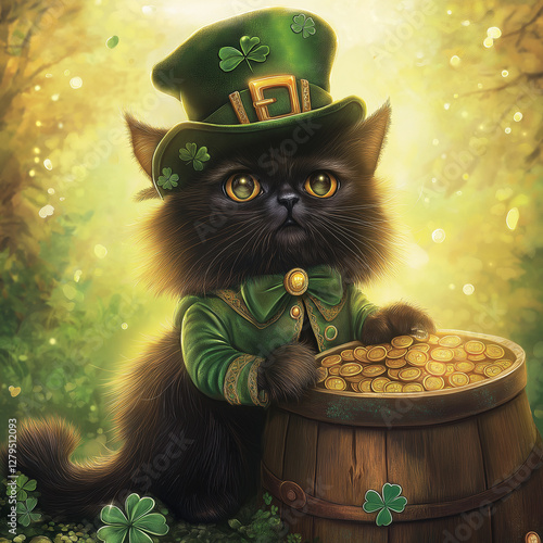 Lucky Black Kitten in a Leprechaun Costume on St. Patrick's concept with a Pot of Gold