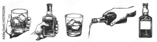 whiskey set engraving. bottle glass in hand, alcohol strong drink rum cognac liqueur ice pour bar menu vintage monochrome drawing vector illustration