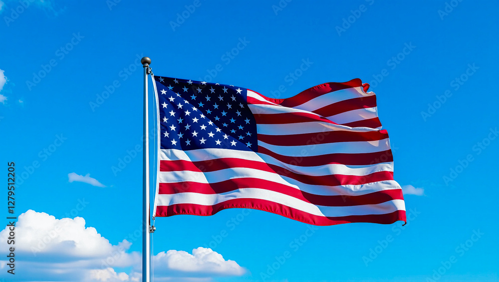 Obraz premium The United States flag waving in the wind against a bright blue sky with scattered white clouds, symbolizing patriotism, freedom, and national pride