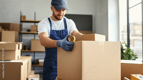 Smiling Worker Sealing Cardboard Box in a Modern Shipping Facility