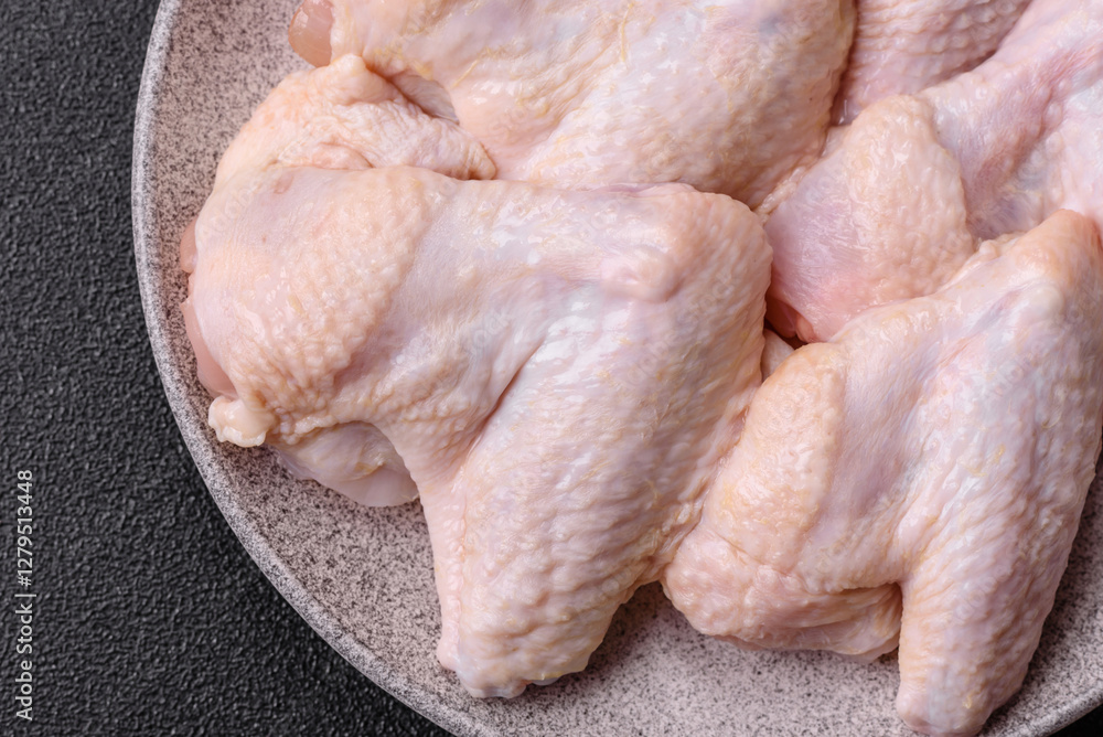 Raw chicken wings with salt, spices and herbs Raw chicken wings with salt, spices and herbs