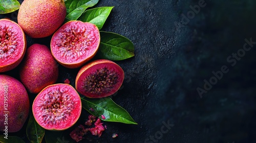 Pink Figs, halved, on dark surface, leaves in background.  Fresh fruit presentation photo