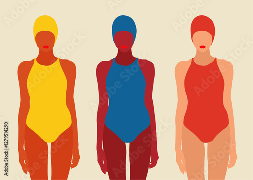 Grupo de chicas de pie en bikini con gorro de baño 