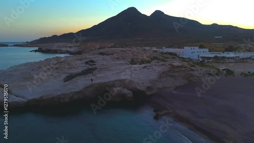 Aerial view of the fossil dune at Los Escullos beach, Cabo de Gata-Níjar Natural Park, Almeria, Andalusia, Spain