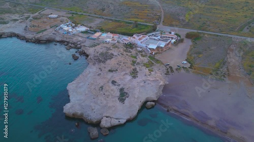 Aerial view of the fossil dune at Los Escullos beach, Cabo de Gata-Níjar Natural Park, Almeria, Andalusia, Spain