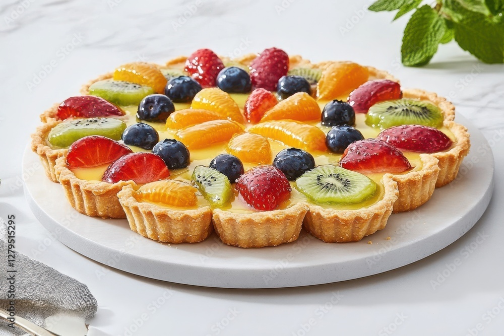 A vibrant fruit tart featuring strawberries, blueberries, kiwi, raspberries, and mandarin oranges. A vibrant fruit tart featuring strawberries, blueberries, kiwi, raspberries, and mandarin oranges.