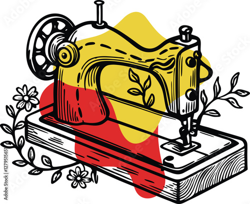 color blobs Retro sewing machine with botanical flower and plants vector, engraving sketch ink poster black illustration etching machine, sewing, sketch, retro, flower and plants, vintage, industrial